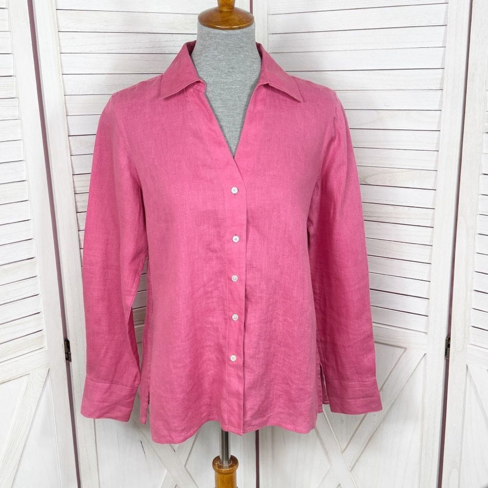 Talbots Irish‎ Linen V Neck Button Up Shirt Watermelon Pink Petite 10 10P